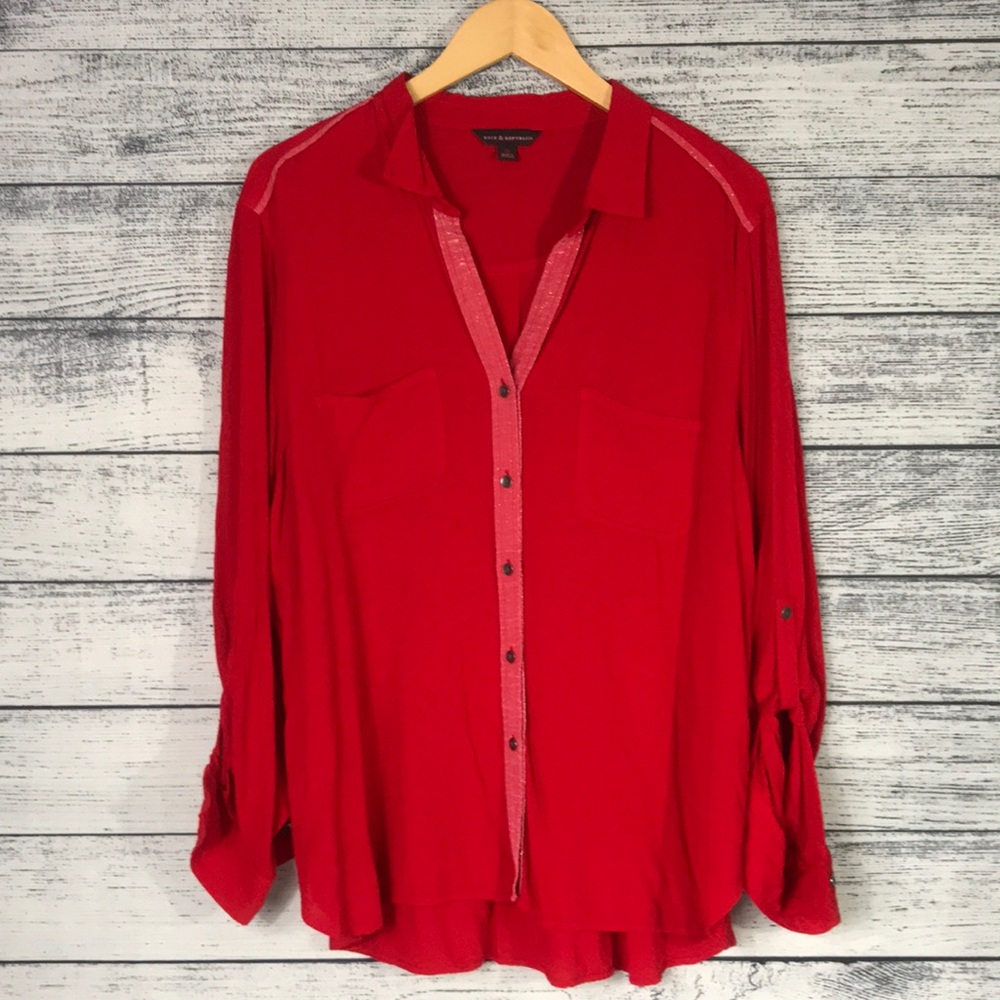 NWT-ROCK & REPUBLIC-Long Sleeve Button Down Red Shirt-Drapey Roll Cuff